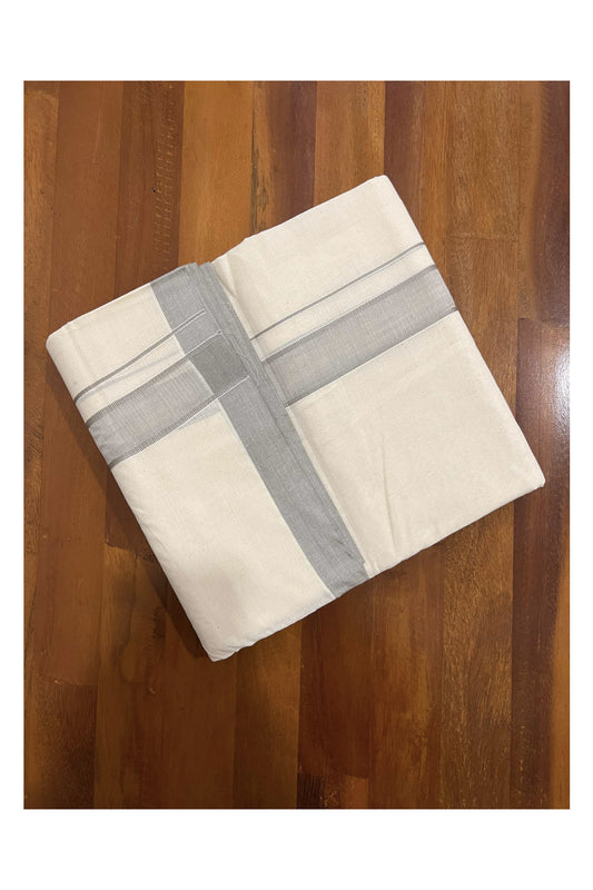 Off White Pure Cotton Double Mundu with Creamy Grey Kara (South Indian Dhoti)