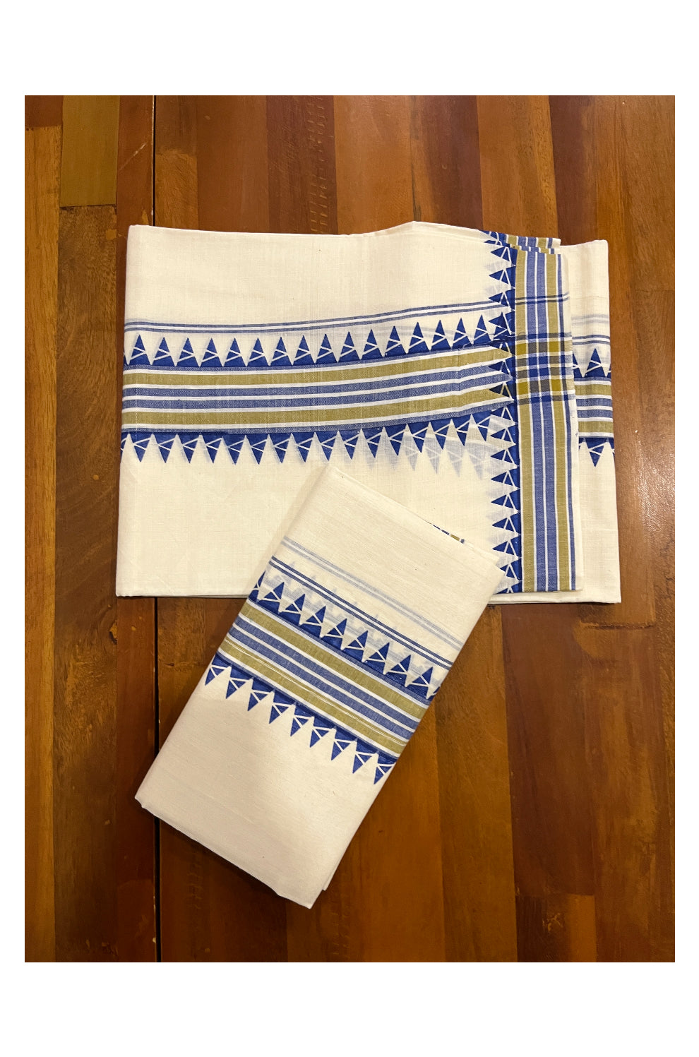 Kerala Cotton Mulloth Mundum Neriyathum Single (Set Mundu) with Blue Temple Block Prints on Border (Extra Soft Cotton)