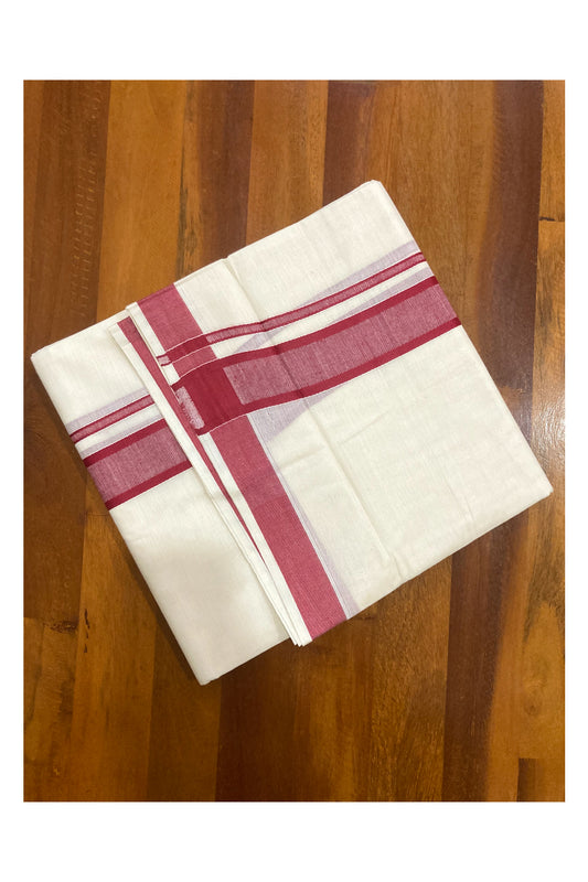 Off White Pure Cotton Double Mundu with Maroon Border (South Indian Kerala Dhoti)