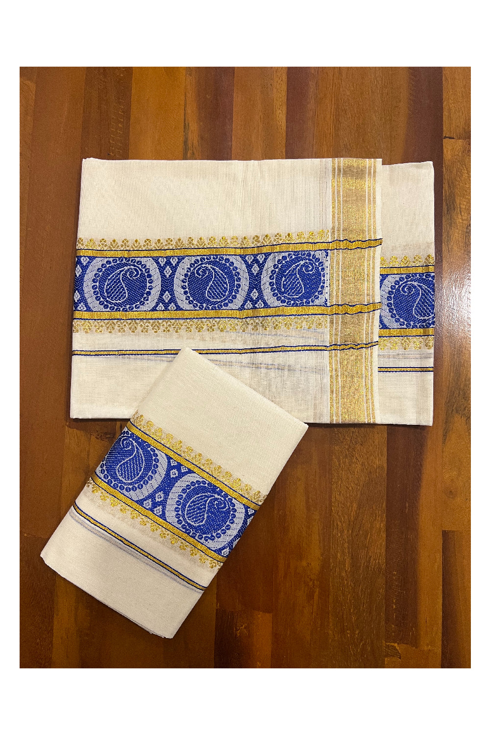 Kerala Cotton Set Mundu (Mundum Neriyathum) with Blue Paisley Woven and Kasavu Border