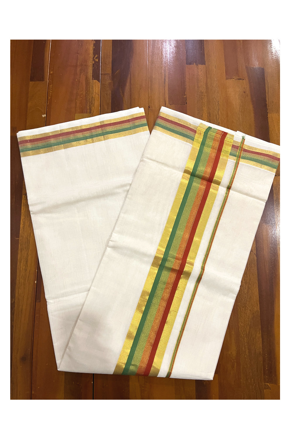 Southloom™ Premium Handloom Cotton Kasavu Saree with Orange and Green Border