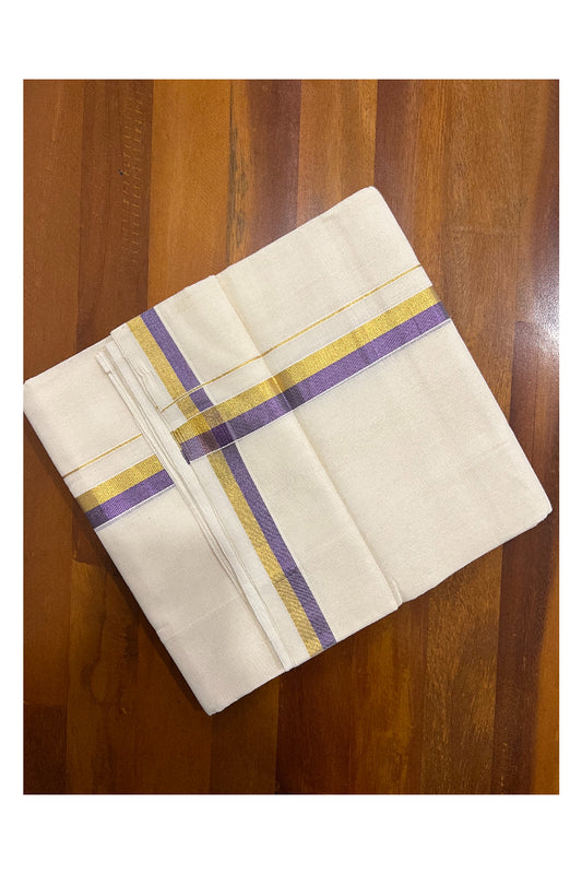 Southloom Balaramapuram Handloom Pure Cotton Mundu with Golden and Violet Kasavu Border (South Indian Dhoti)