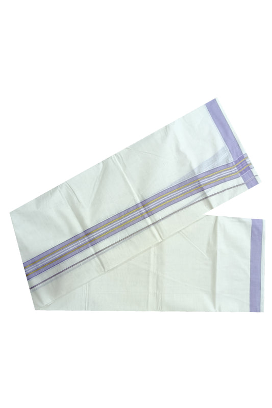 Off White Kerala Double Mundu with Kasavu and Violet Kara (South Indian Dhoti)