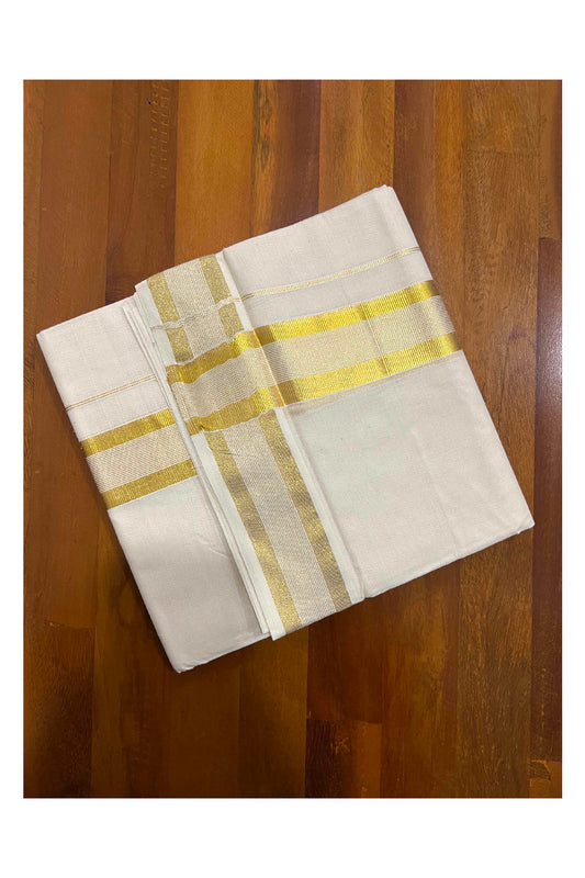 Off White Pure Cotton Double Mundu with Kasavu Lines Border (South Indian Dhoti)