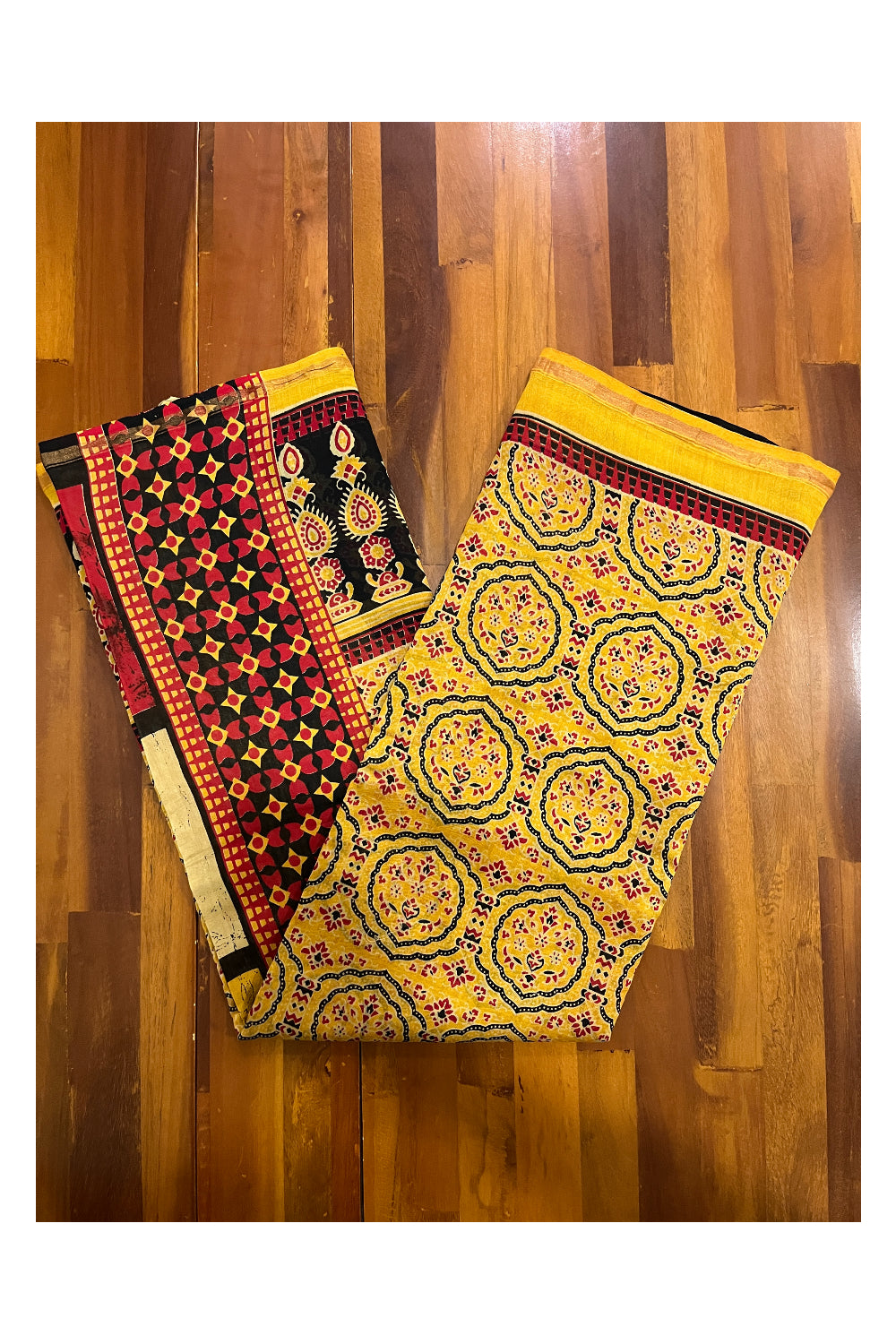 Southloom Cotton Yellow Printed Designer Saree with Multi Colour Pallu