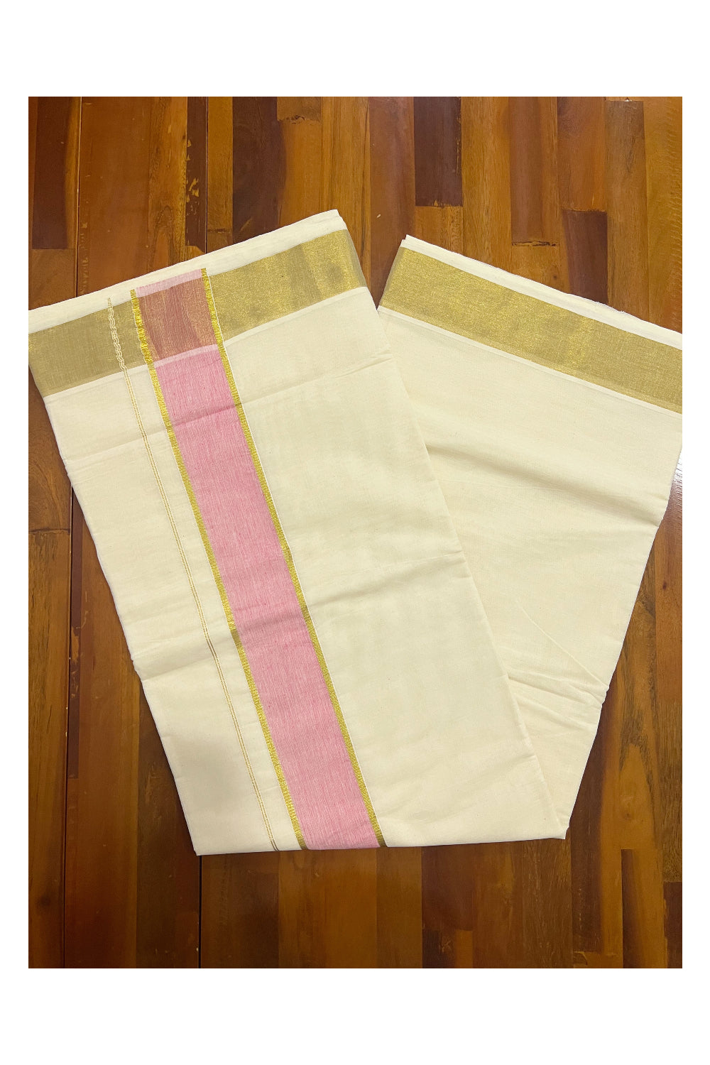 Pure Cotton Kerala Plain Saree with Kasavu Border and Pink Kasavu Pallu