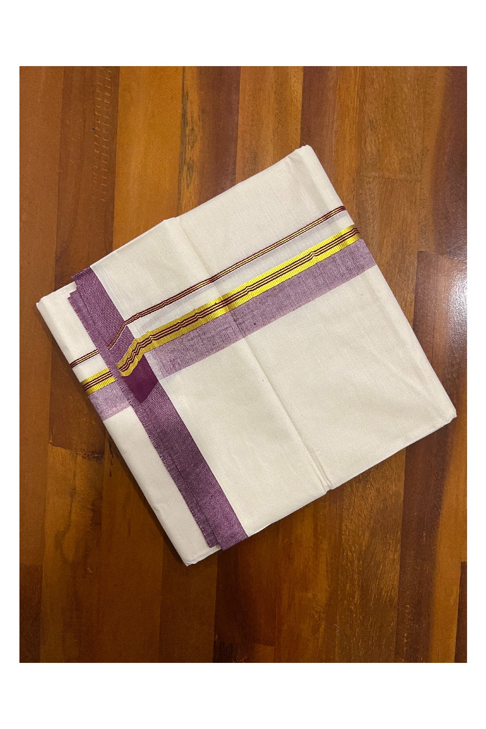 Pure Cotton Off White Double Mundu with Maroon and Kasavu Border (South Indian Dhoti)