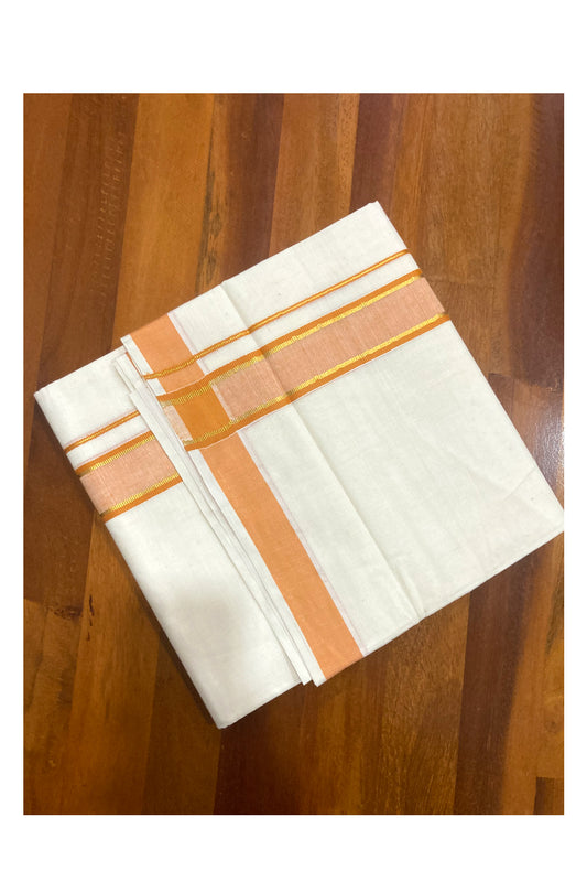 Off White Pure Cotton Double Mundu with Kasavu and Orange Border (South Indian Dhoti)