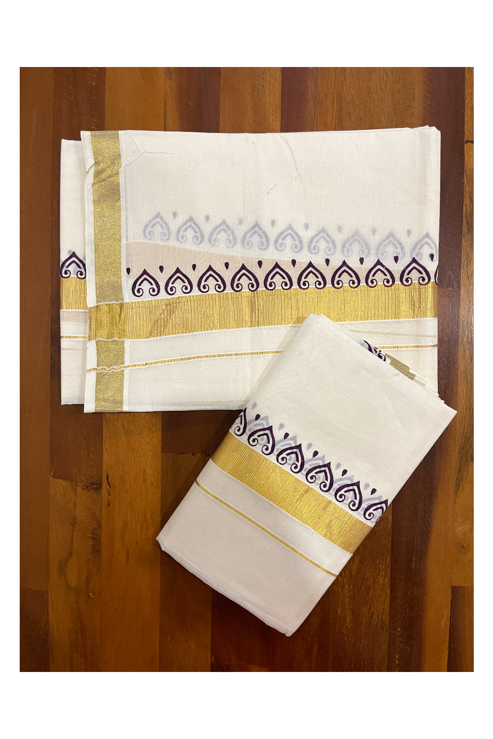 Kerala Cotton Kasavu Mundum Neriyathum Single (Set Mundu) with Purple Block Printed Border 2.80 Mtrs