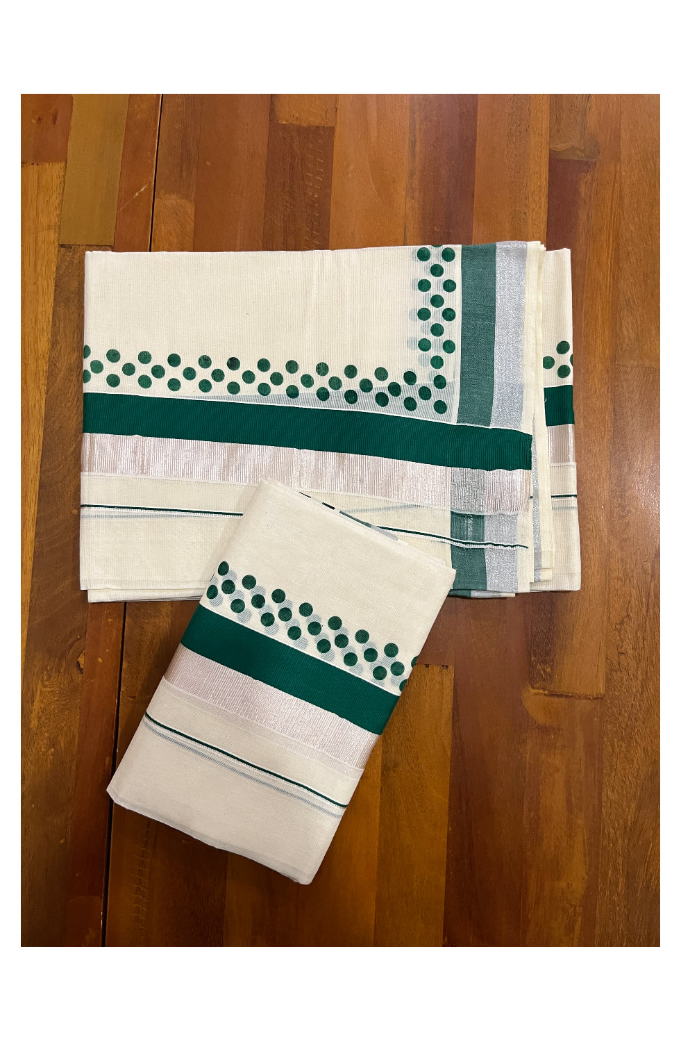 Kerala Cotton Silver Kasavu Set Mundu (Mundum Neriyathum) with Green Polka Prints