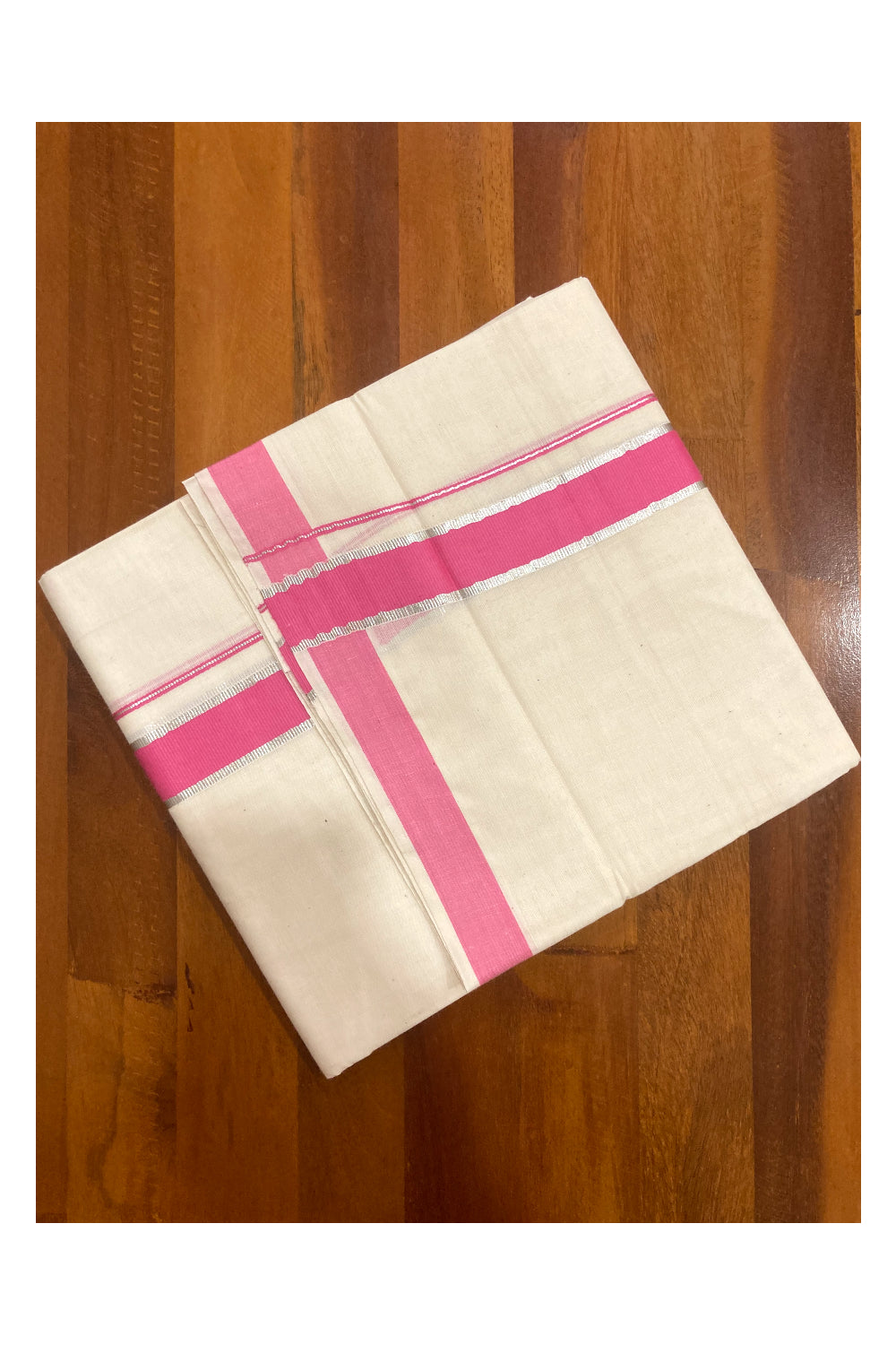 Pure Cotton Double Mundu with Pink and Silver Kasavu Border (South Indian Dhoti)