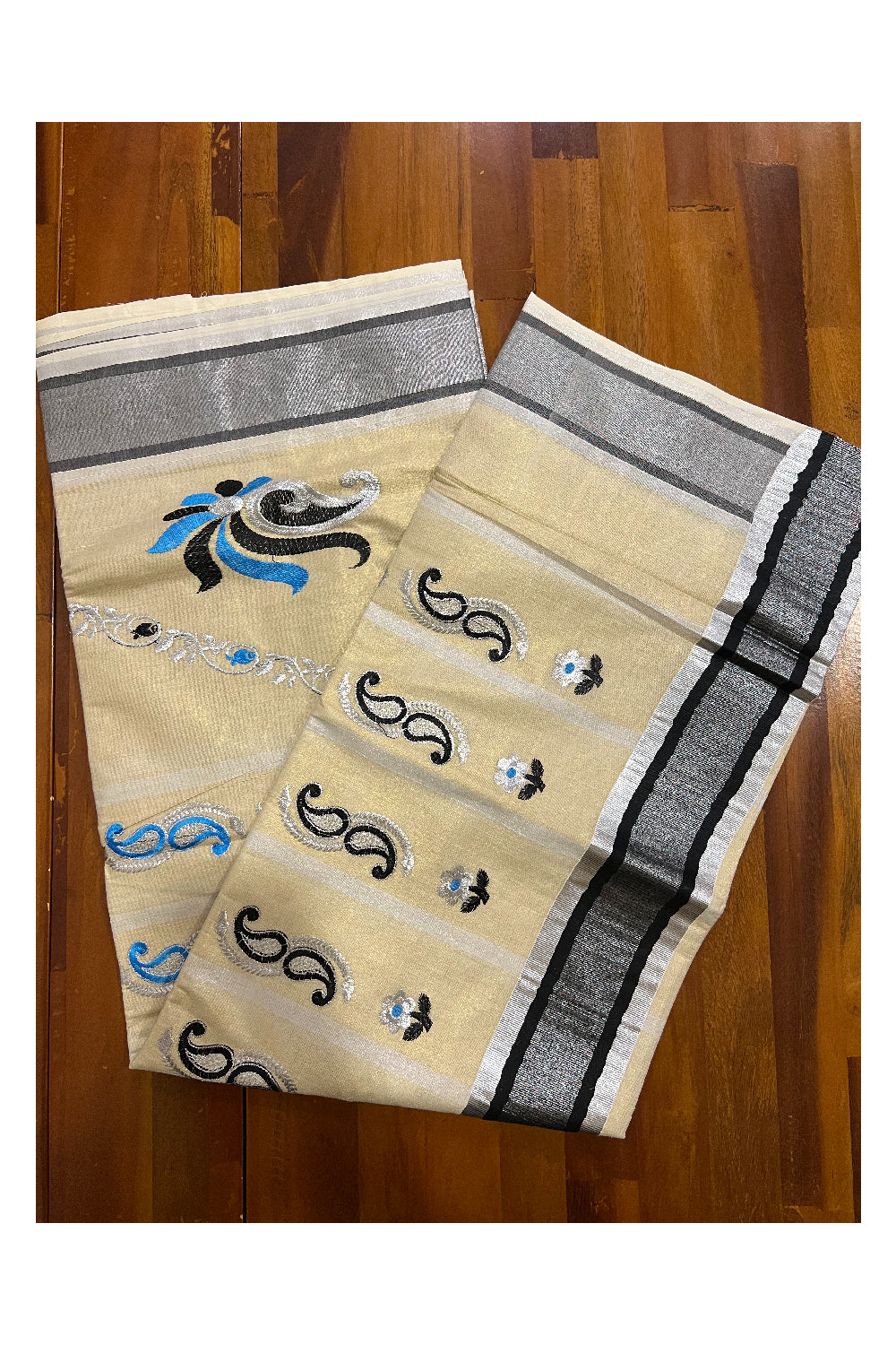 Kerala Silver Tissue Kasavu Saree with Black Blue Thread works