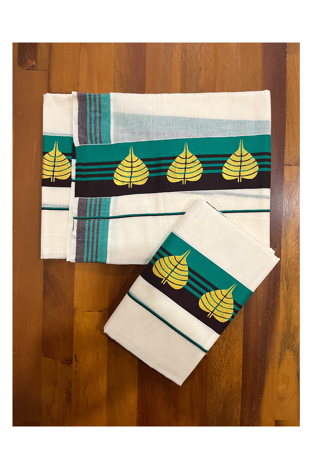 Pure Cotton Single Set Mundu (Mundum Neriyathum Onam 2024 Collection) with Golden Block Prints on Brown Green Border