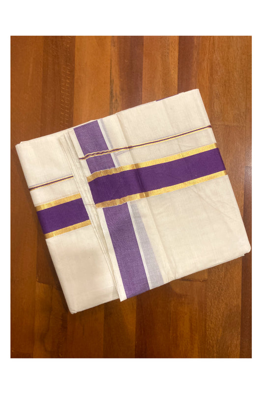 Off White Pure Cotton Double Mundu with Kasavu and Purple Border (South Indian Dhoti)