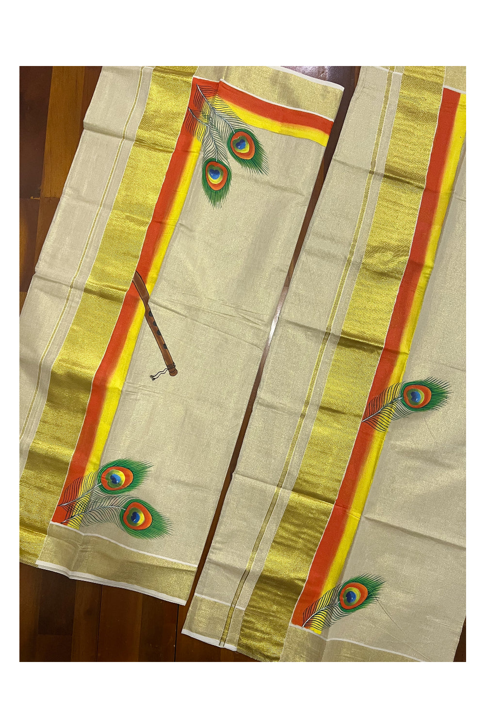 Kerala Tissue Kasavu Set Mundu (Mundum Neriyathum) with Orange Hand Painted Works on Border