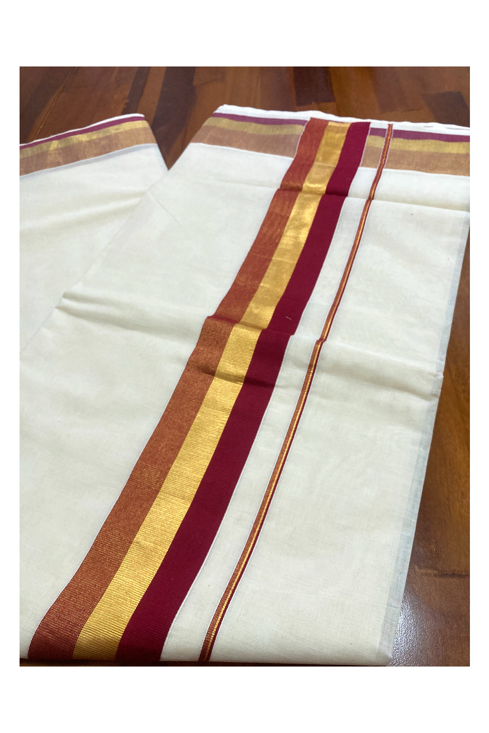 Kerala Pure Cotton Plain Saree with Kasavu and Maroon Border