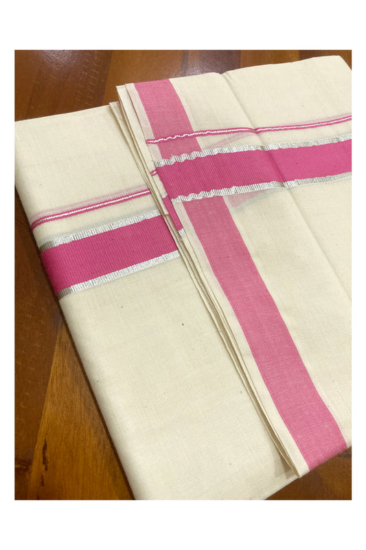 Pure Cotton Double Mundu with Pink and Silver Kasavu Border (South Indian Dhoti)