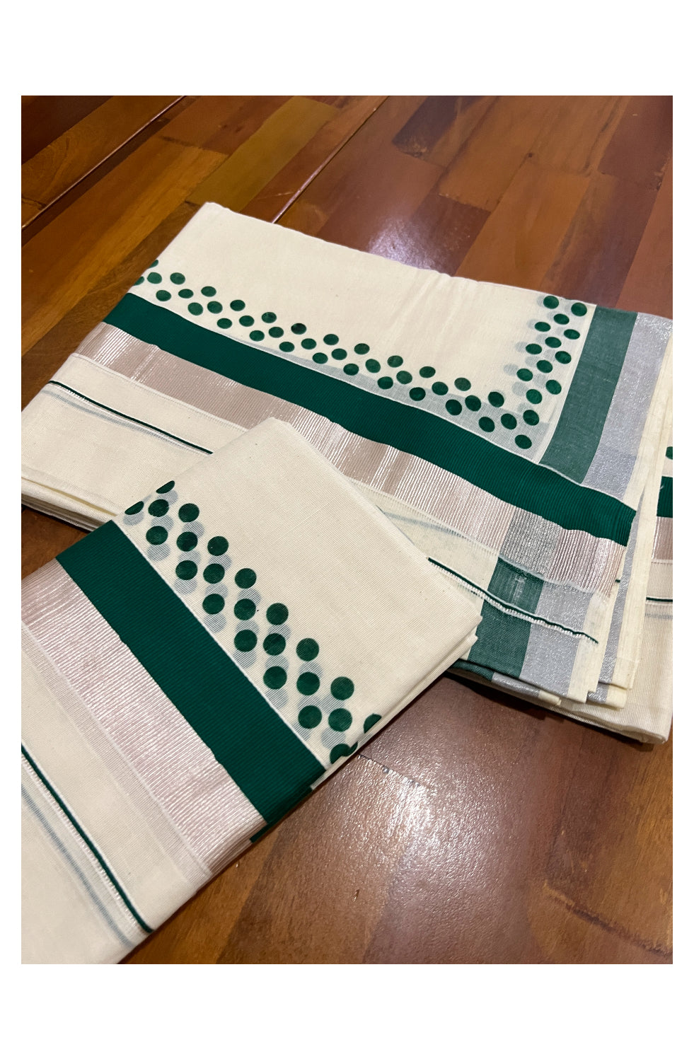 Kerala Cotton Silver Kasavu Set Mundu (Mundum Neriyathum) with Green Polka Prints