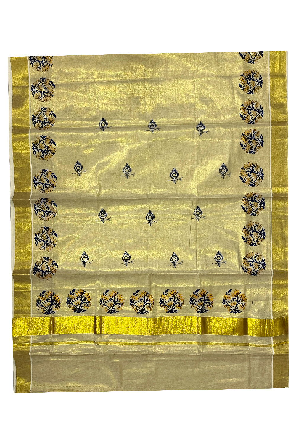 Kerala Tissue Kasavu Blue Golden Block Printed Design Saree