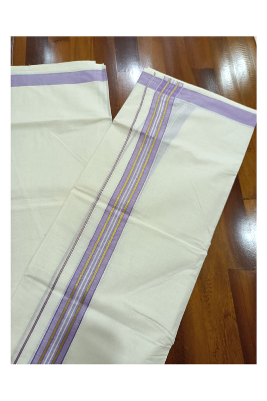 Off White Kerala Double Mundu with Kasavu and Violet Kara (South Indian Dhoti)