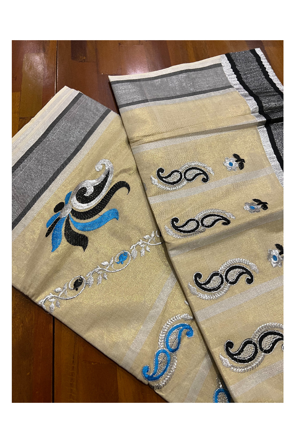 Kerala Silver Tissue Kasavu Saree with Black Blue Thread works