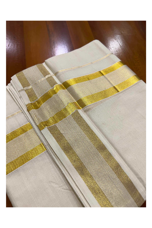 Off White Pure Cotton Double Mundu with Kasavu Lines Border (South Indian Dhoti)