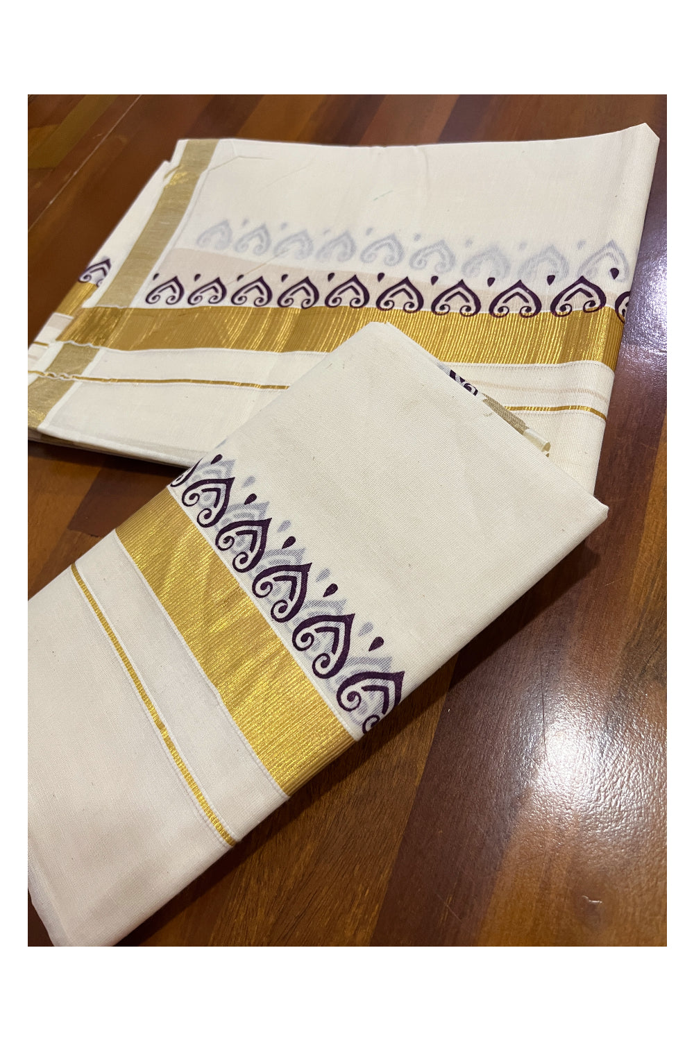 Kerala Cotton Kasavu Mundum Neriyathum Single (Set Mundu) with Purple Block Printed Border 2.80 Mtrs