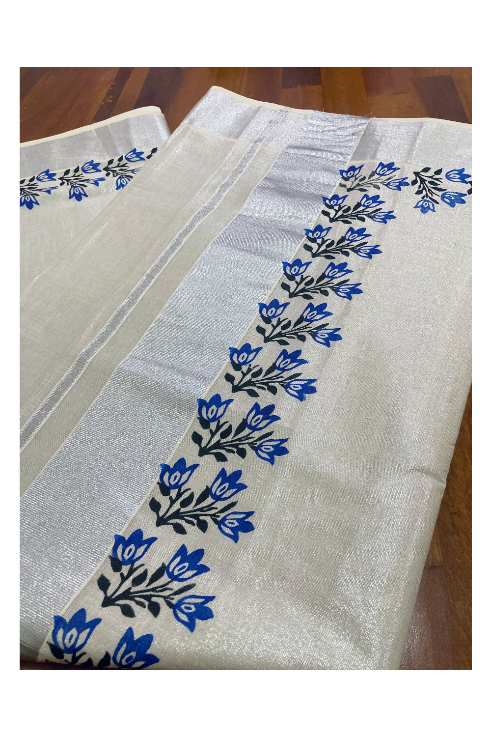 Kerala Silver Tissue Kasavu Saree with Blue and Black Block Prints