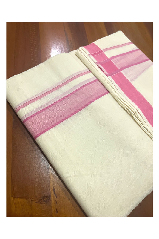 Pure Cotton Off White Double Mundu with Pink Border (South Indian Dhoti)