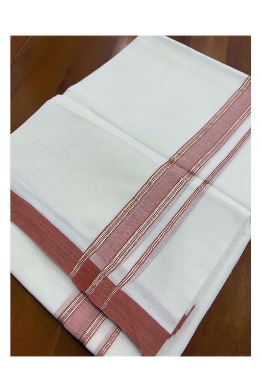 Pure White Cotton Mundu with Brick Red and Silver Kara (South Indian Dhoti)