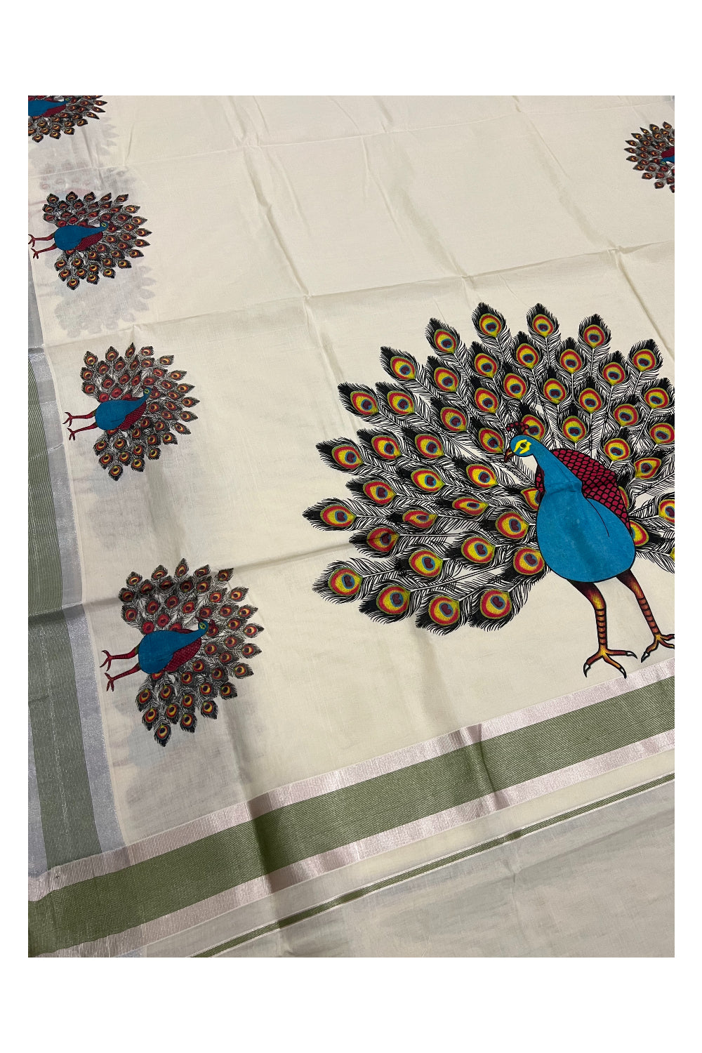 Kerala Pure Cotton Silver Kasavu Saree with Mural Peacock Feather Printed and Light Green Border