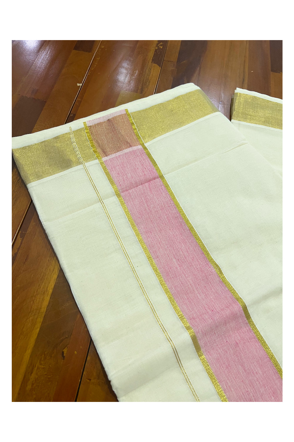 Pure Cotton Kerala Plain Saree with Kasavu Border and Pink Kasavu Pallu