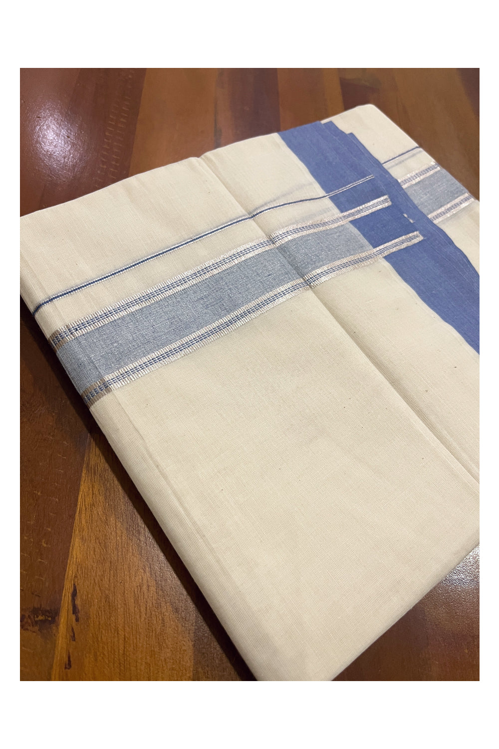 Pure Cotton Off White Double Mundu with Blue and Silver Kara (South Indian Dhoti)