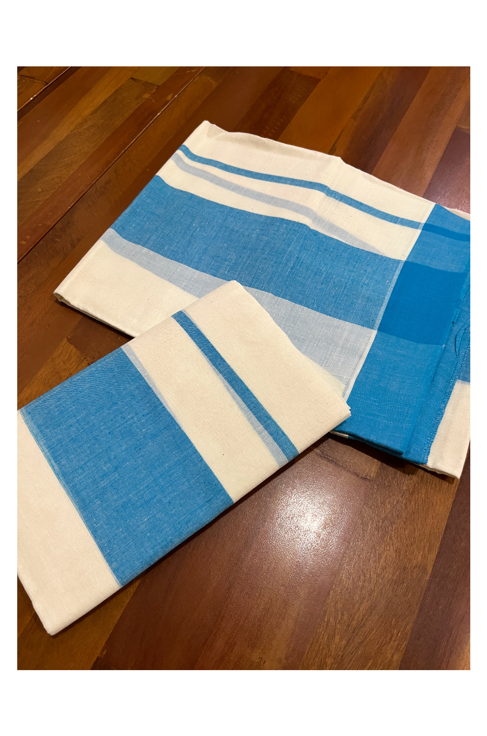 Pure Cotton Single Set Mundu (Mundum Neriyathum Onam 2023) with Blue Border