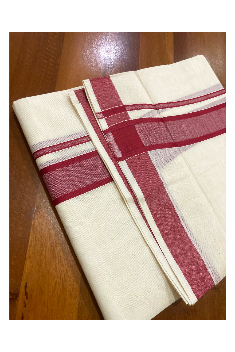 Off White Pure Cotton Double Mundu with Maroon Border (South Indian Kerala Dhoti)