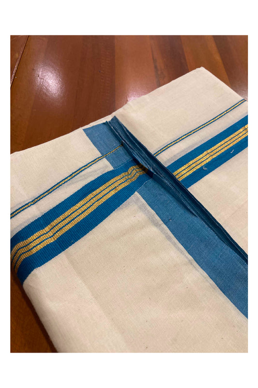 Off White Cotton Mundu with Blue and Kasavu Border (South Indian Dhoti)