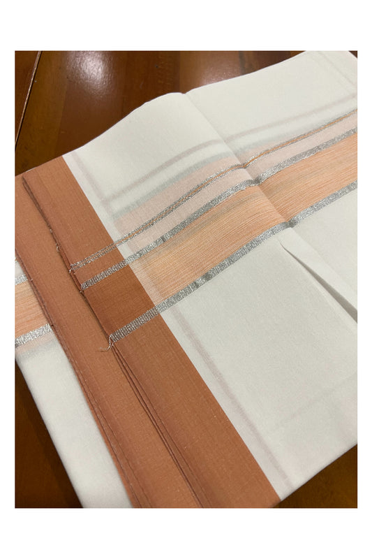 Pure White Kerala Cotton Double Mundu with Silver Kasavu and Orange Border (South Indian Dhoti)