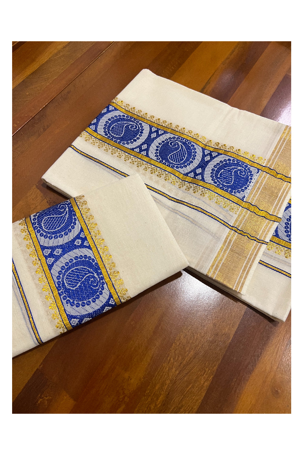 Kerala Cotton Set Mundu (Mundum Neriyathum) with Blue Paisley Woven and Kasavu Border