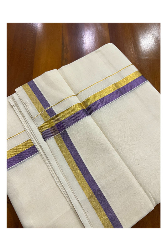 Southloom Balaramapuram Handloom Pure Cotton Mundu with Golden and Violet Kasavu Border (South Indian Dhoti)