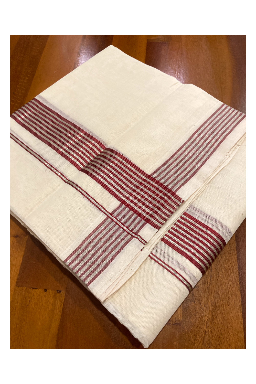 Southloom Premium Handloom Cotton Off White Mundu with Silver and Maroon Kasavu Border (South Indian Dhoti)