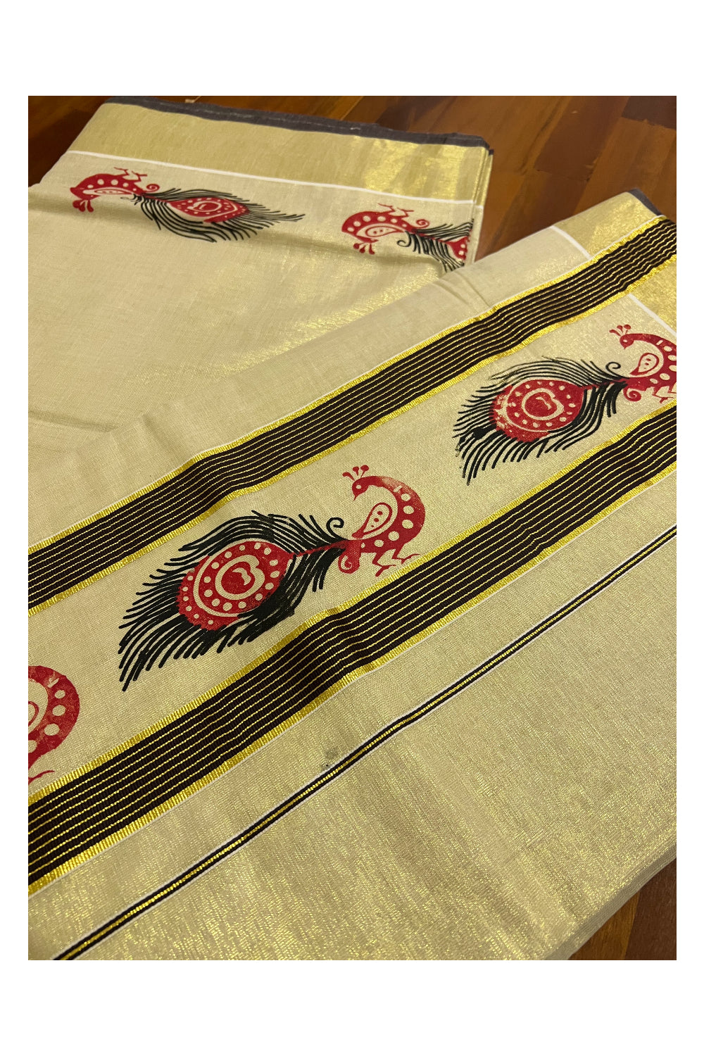 Kerala Tissue Saree with Red and Black Peacock Block Printed Design on Dark Brown and Kasavu Border