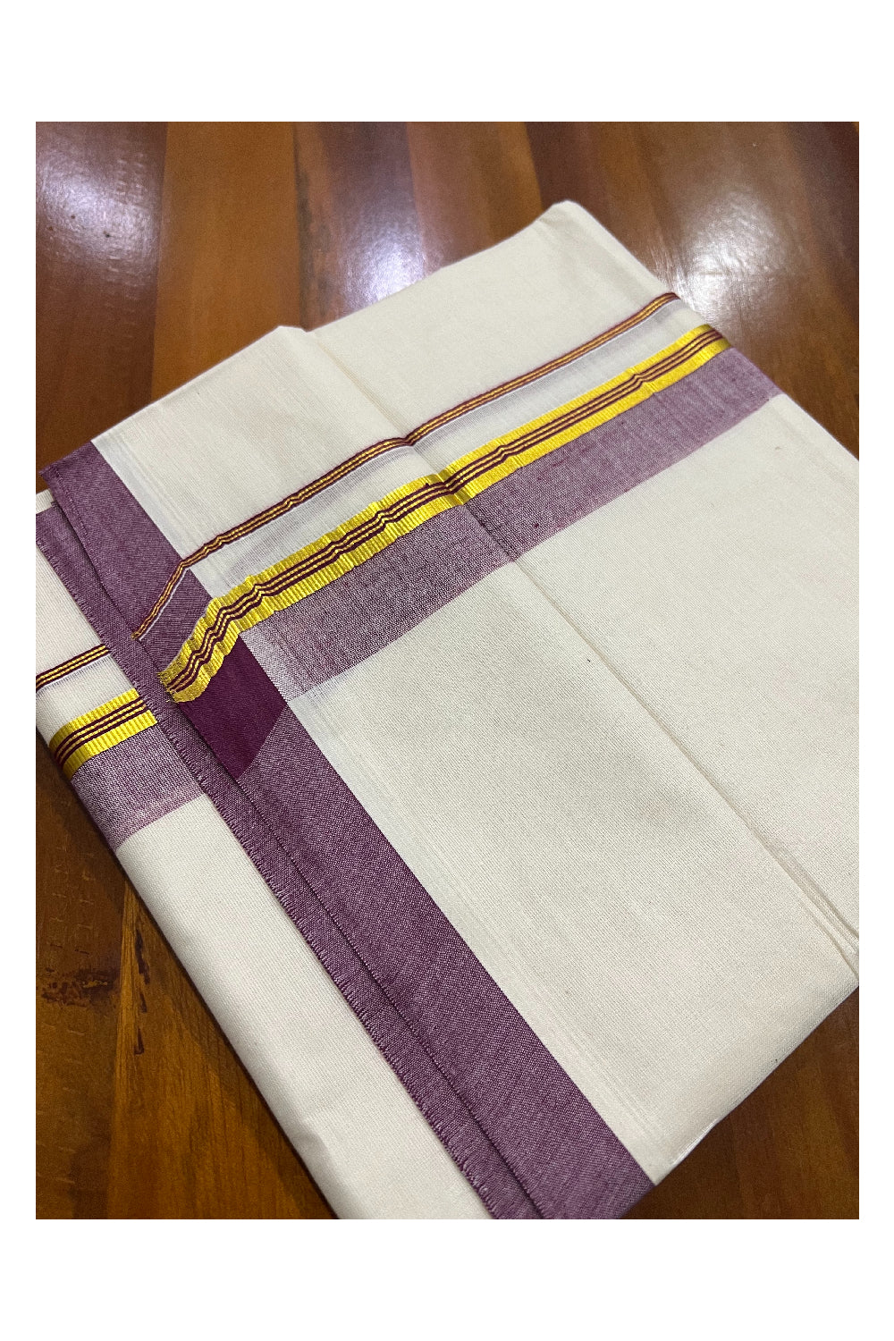 Pure Cotton Off White Double Mundu with Maroon and Kasavu Border (South Indian Dhoti)