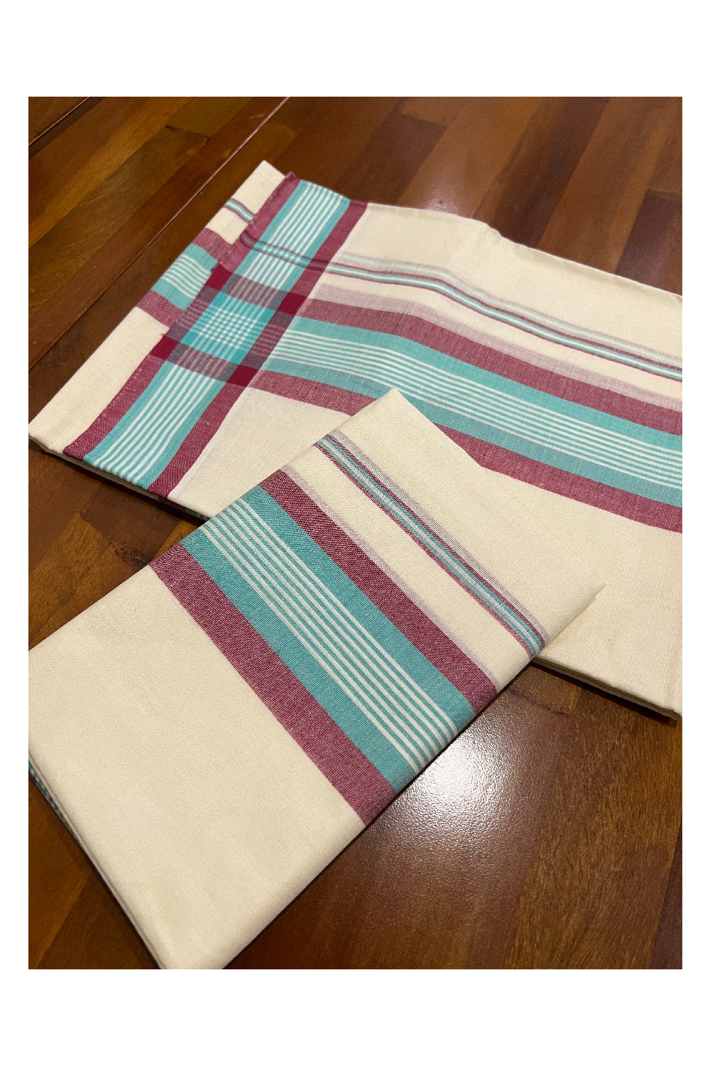 Kerala Cotton Mundum Neriyathum Single (Set Mundu) with Dark Red and Turquoise Mulloth Border (Extra Soft Cotton)