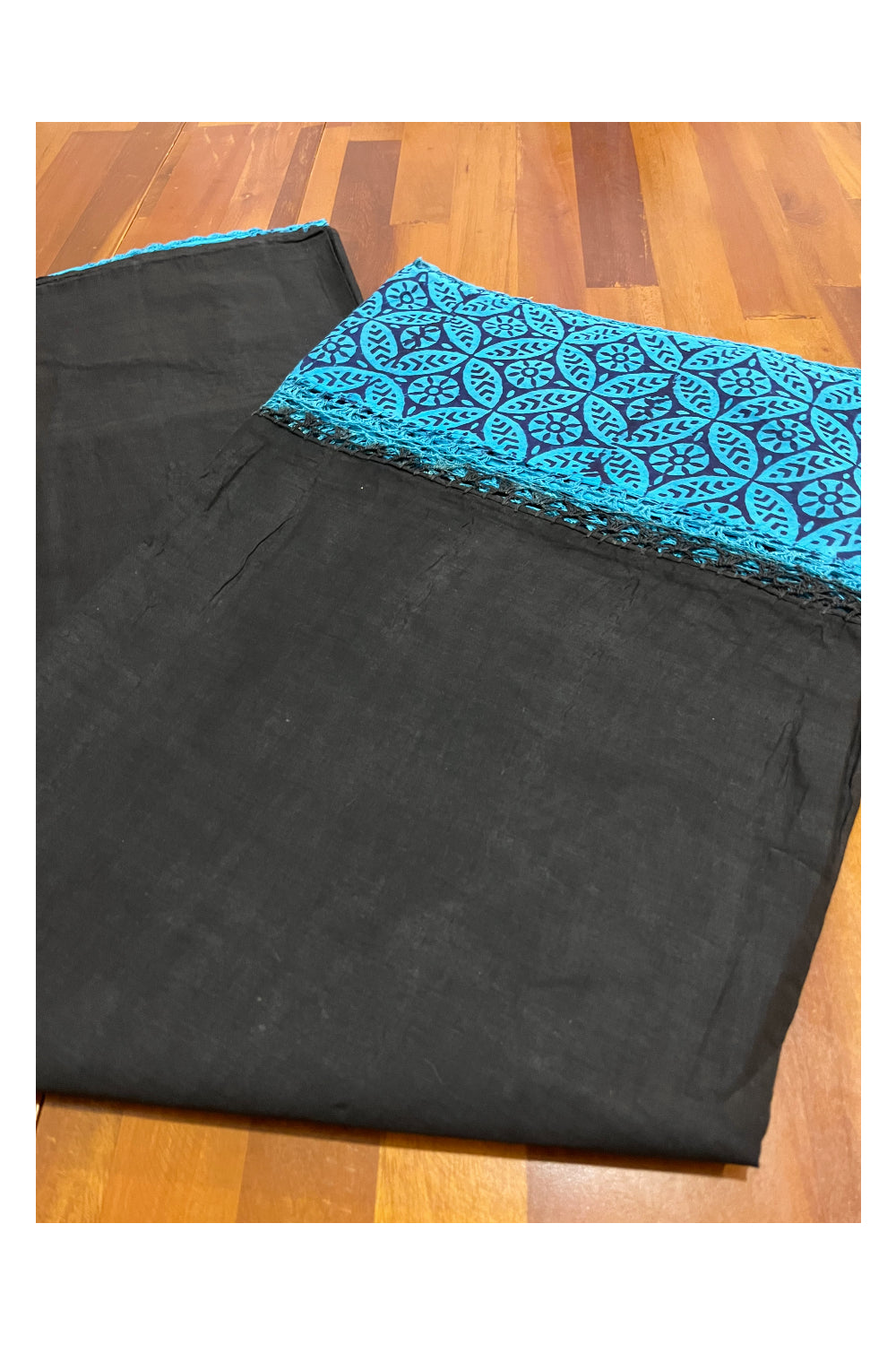 Southloom Pure Cotton Black Saree with Designer Blue Crochet works on Border