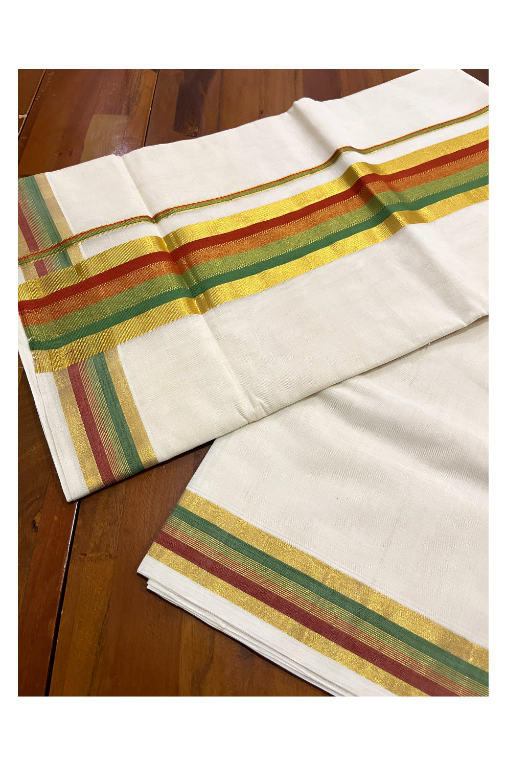 Southloom™ Premium Handloom Cotton Kasavu Saree with Orange and Green Border