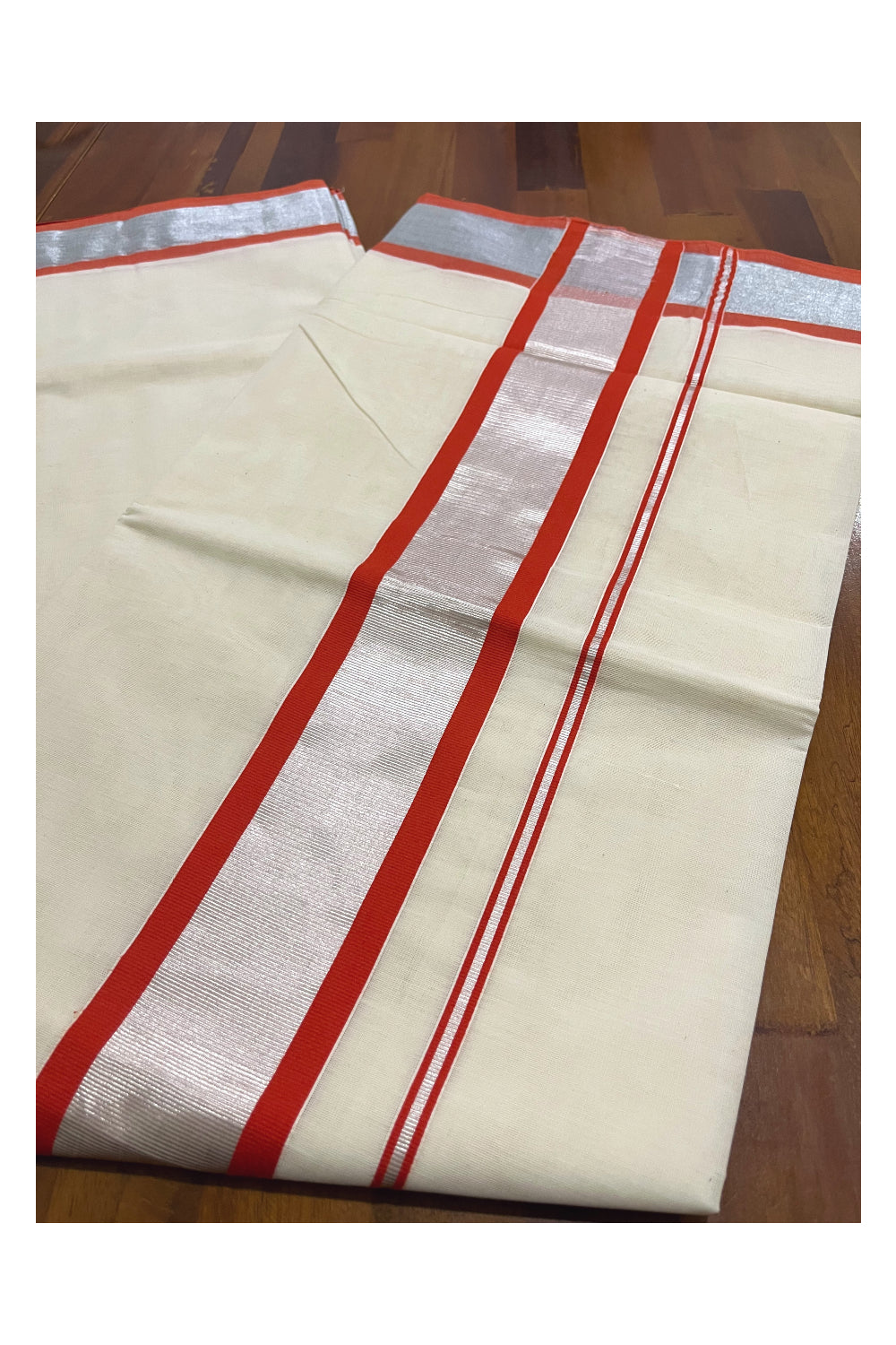 Kerala Pure Cotton Plain Saree with Silver Kasavu and Orange Border