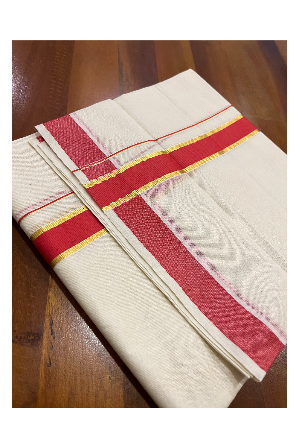 Pure Cotton Double Mundu with Kasavu Red Kara (South Indian Kerala Dhoti)