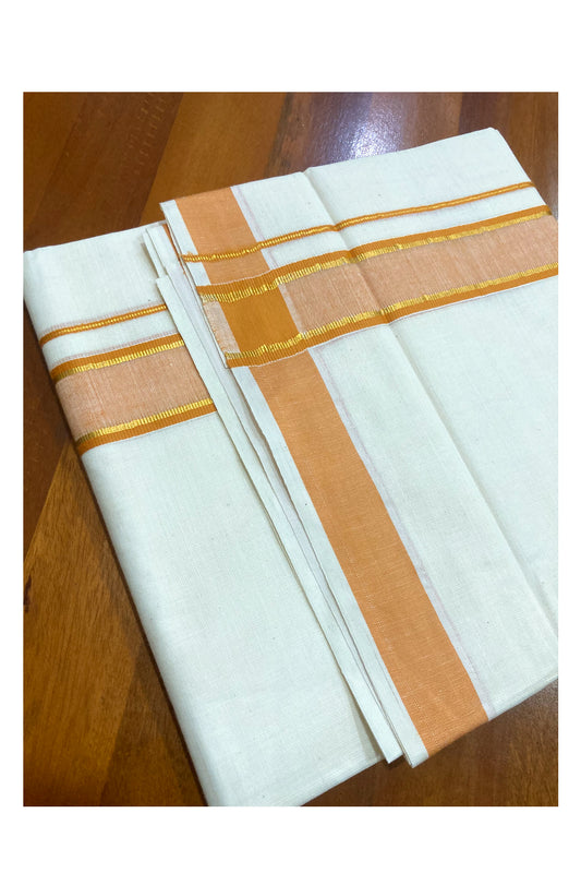 Off White Pure Cotton Double Mundu with Kasavu and Orange Border (South Indian Dhoti)