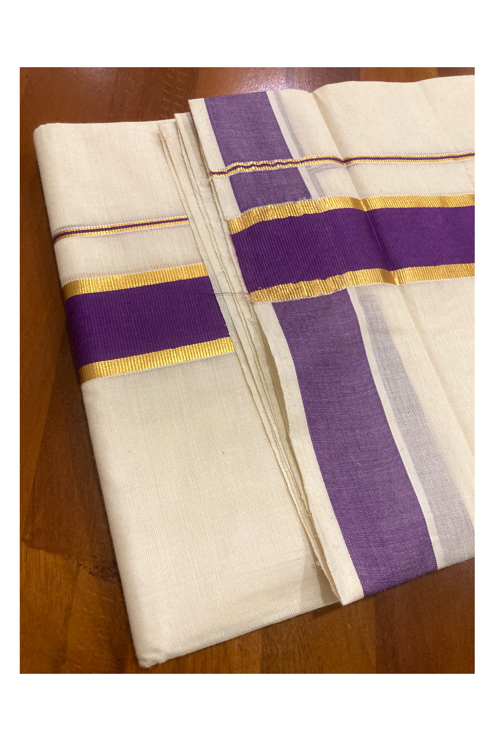 Off White Pure Cotton Double Mundu with Kasavu and Purple Border (South Indian Dhoti)