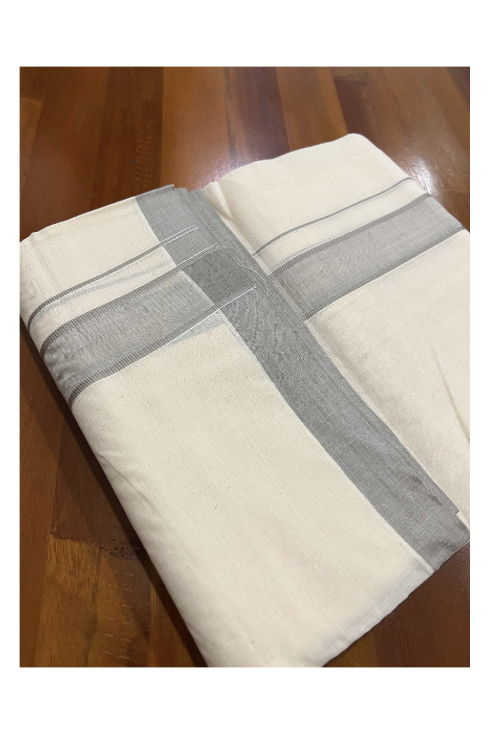 Off White Pure Cotton Double Mundu with Creamy Grey Kara (South Indian Dhoti)